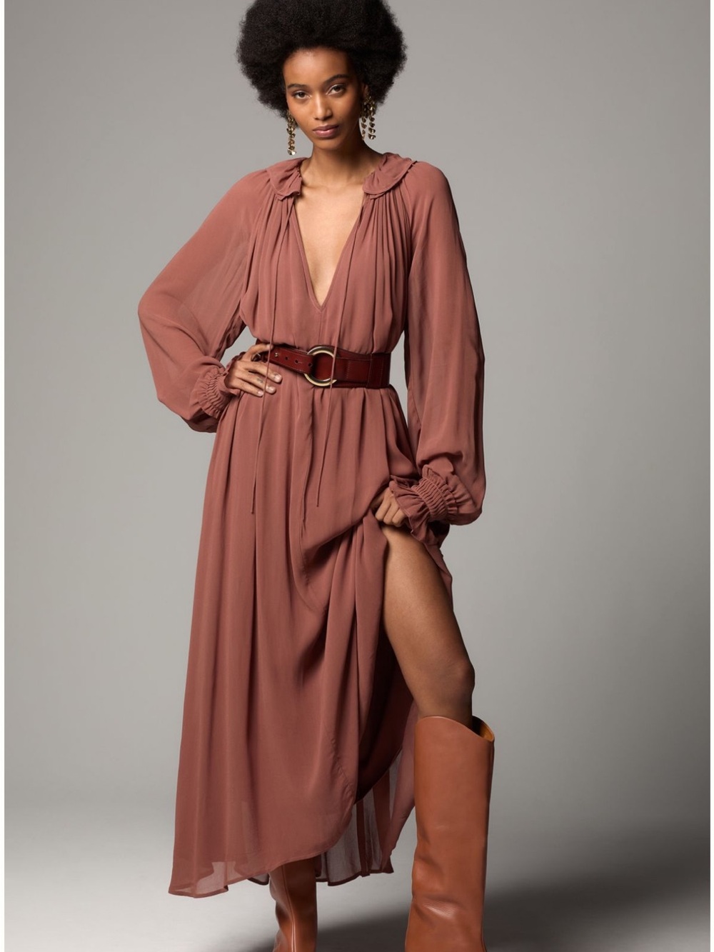 Anthropologie Rust-Pink Long-Sleeve Ruffle Collar Maxi Dress